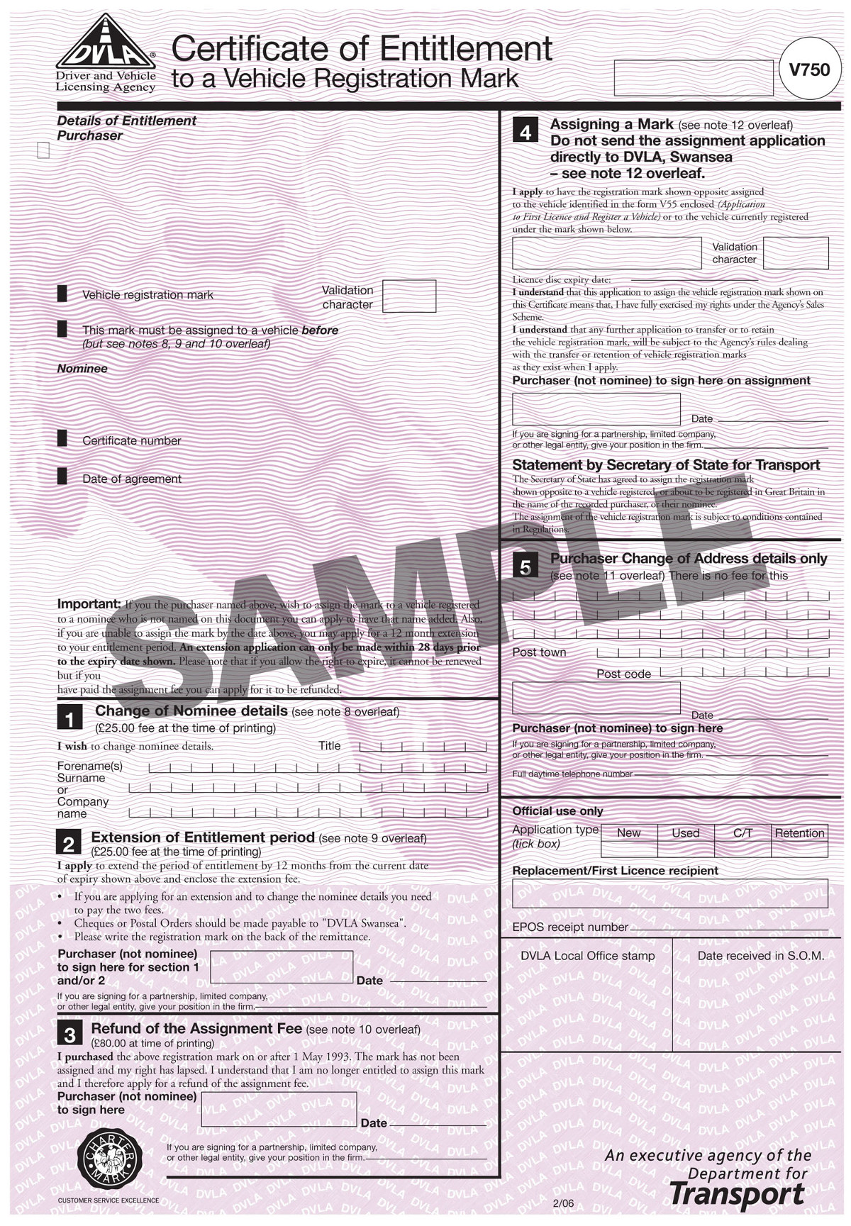 DVLA V750 Certificate of Entitlement